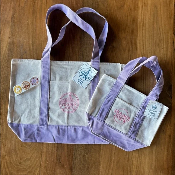 1 Large + 1 Mini LAVENDER 💜 Trader Joe’s Canvas Tote Bag 🎁 Comfort Foods TJ Bag - Picture 7 of 16